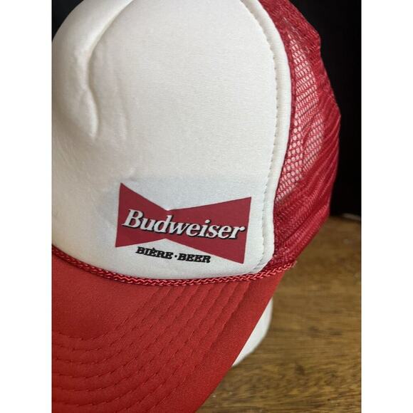 Vintage Budweiser‎ Hat Bud Beer Biere Snapback Trucker Mesh Cap Red White - - Picture 2 of 5